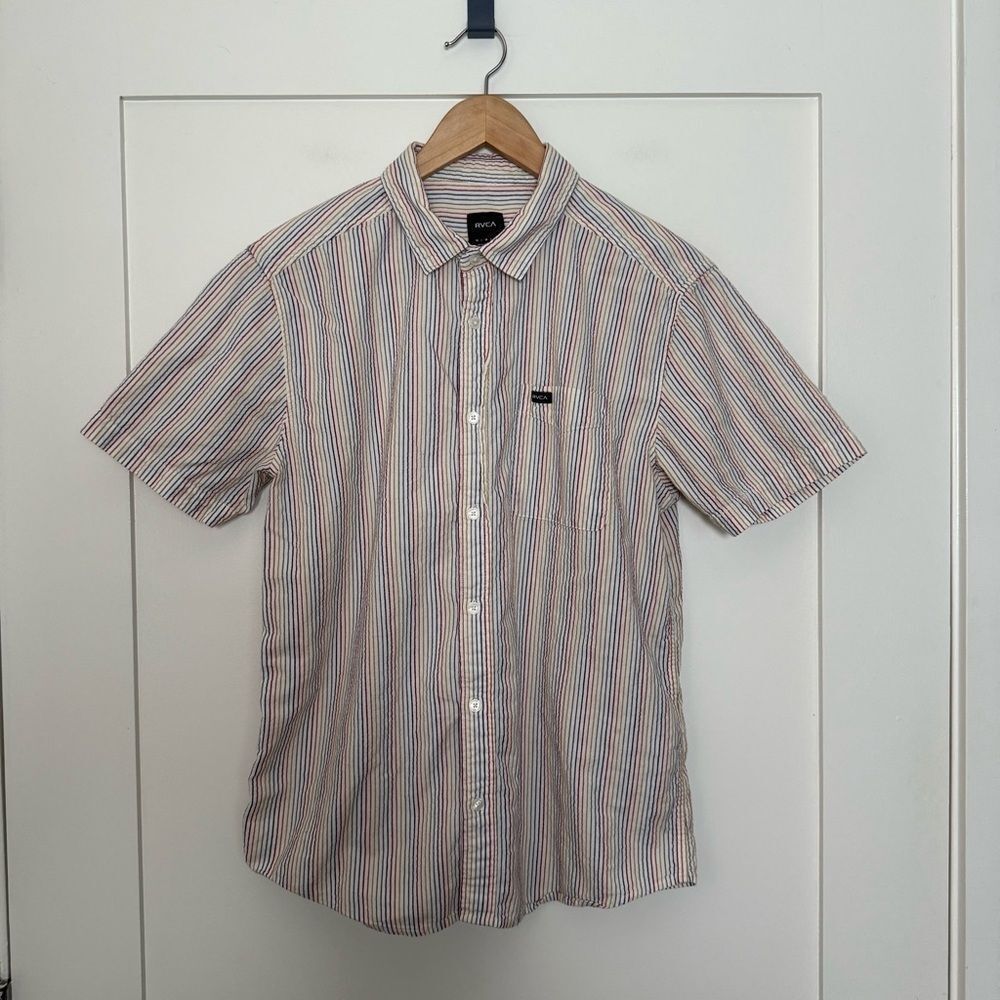 RVCA Shirt Mens Sz M Rainbow Striped Short Sleeve Button Up Preppy City Resort